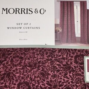 Morris & Co Mallow Burgundy Velvet Floral Back Tap Window Curtain 84" 2 Panels